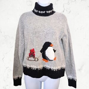 Vintage 90s Talbots Fuzzy Wool & Angora Snowflake Penguin Turtleneck Sweater